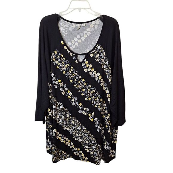 Cato Est 1946 Women’s 26/28W Pullover Tunic Top Stretch Black Floral Long Sleeve - Picture 1 of 8